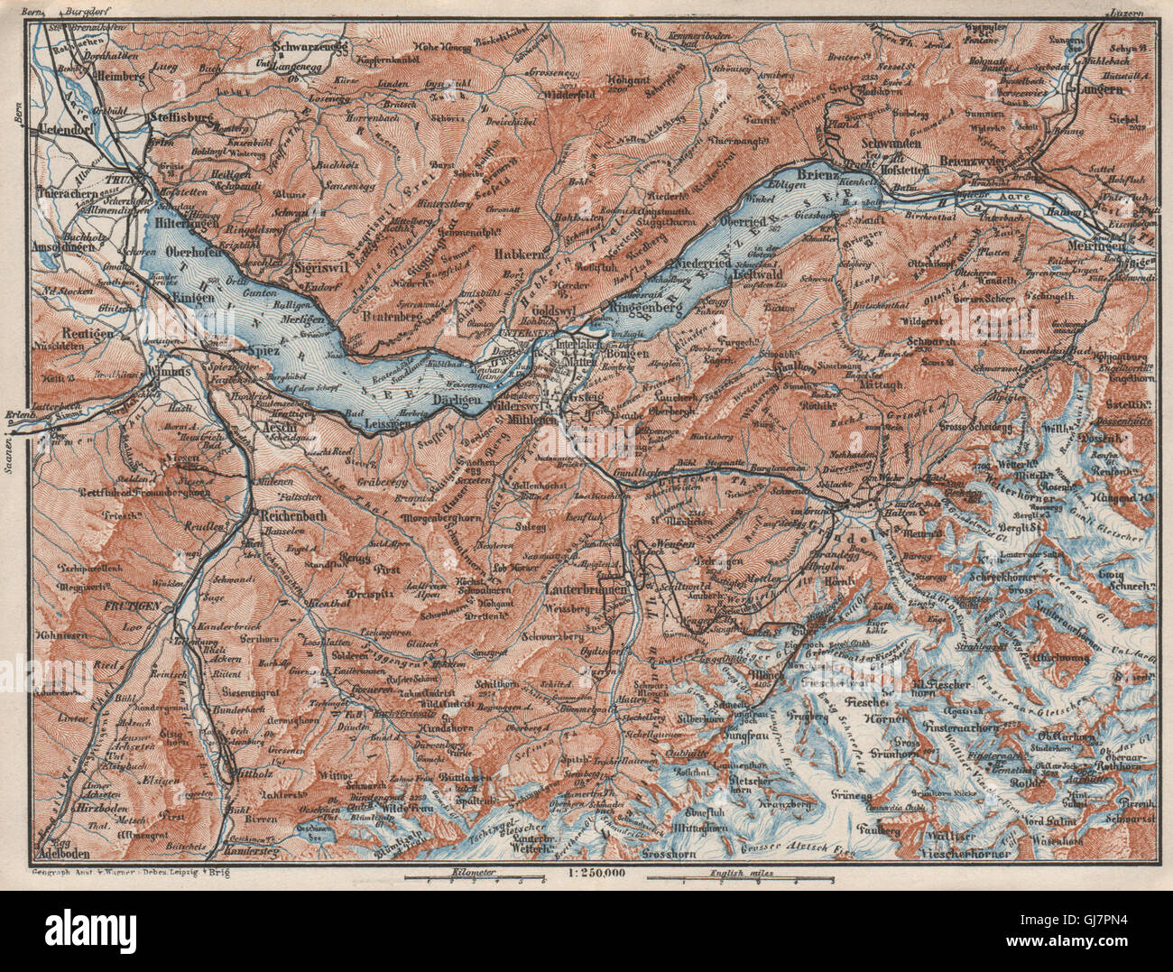 BERNESE OBERLAND. Wengen Mürren Grundelwald Reutigen Interlaken Eiger, 1928 map Stock Photo