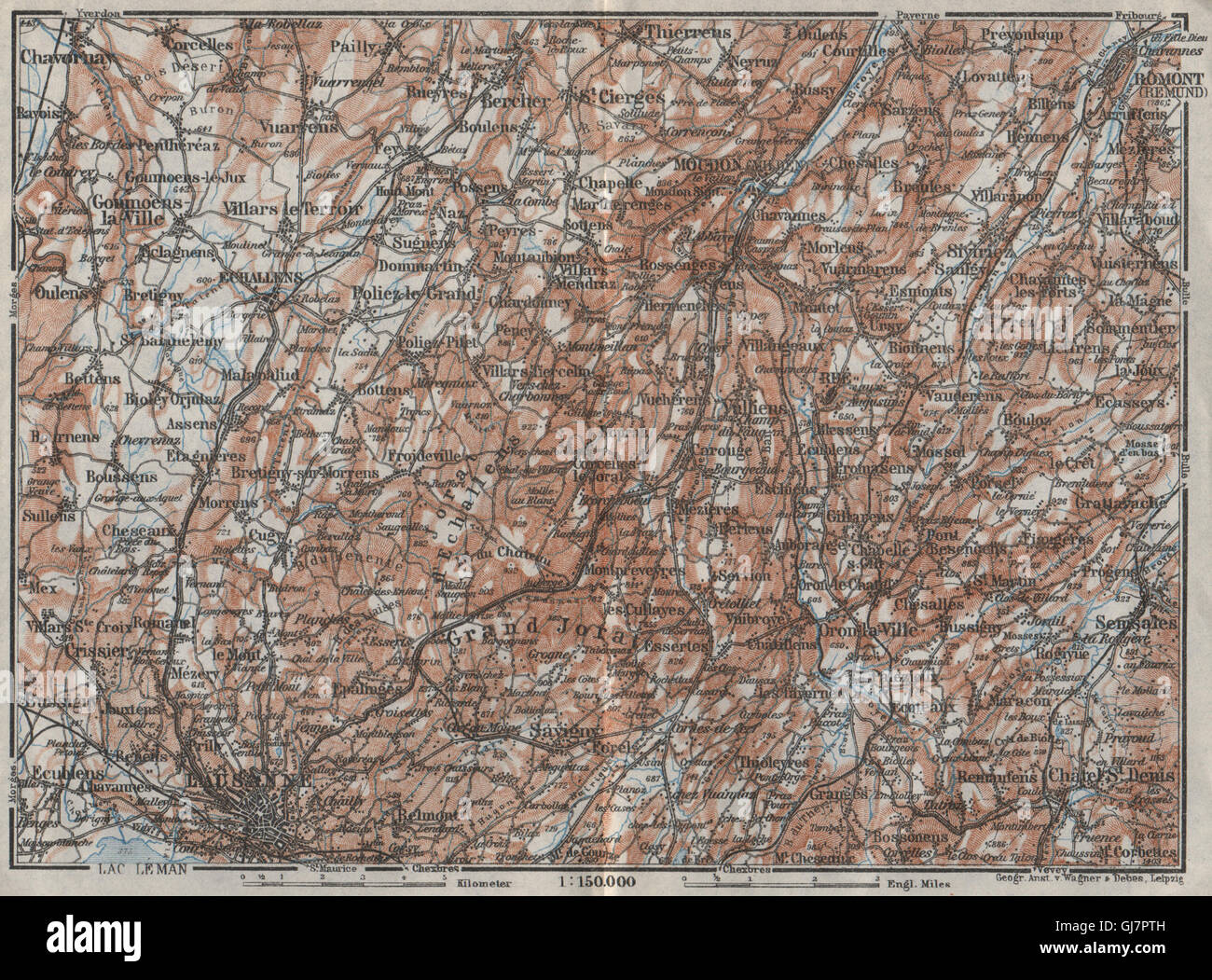 PAYS DE VAUD North. Lausanne Moudon Romont Jorat Moudon Echallens, 1928 map Stock Photo