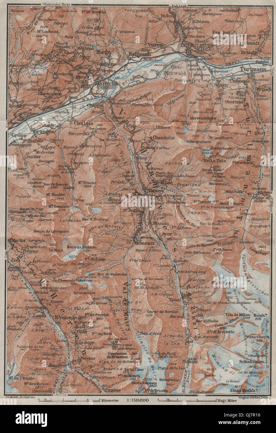 SIERRE & VAL D'ANNIVIERS. Crans-Montana Grimentz Leukle Weisshorn, 1928 map Stock Photo