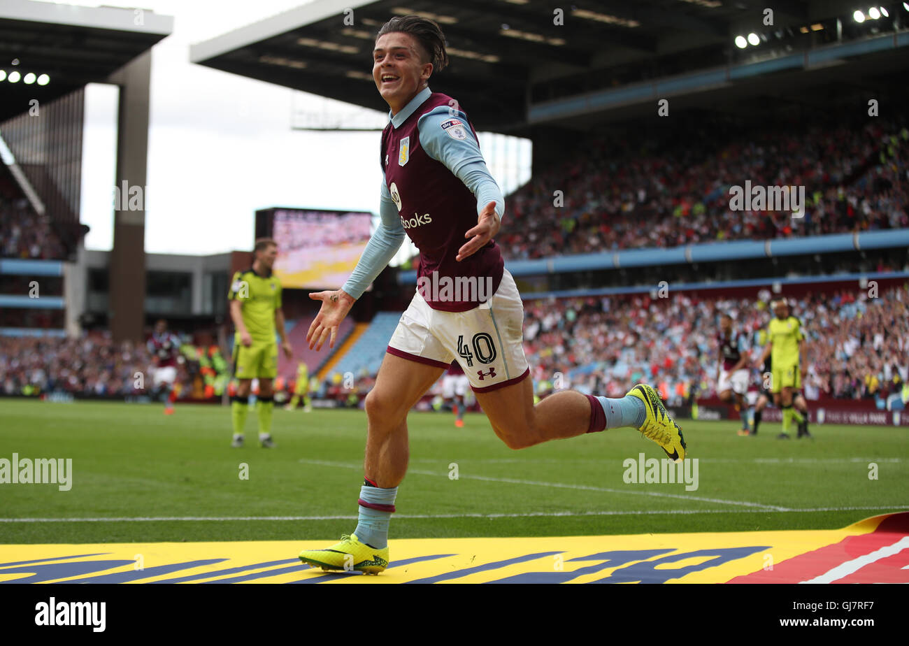 Aston Villa's Jack Grealish celebrates scoring his side's third goal ...