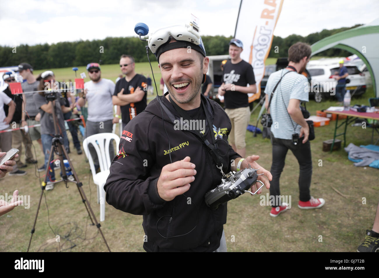 Drone Racing Queen's Cup 2016.  Gary Kent celebrates winning at the UK drone racing competition. Stock Photo