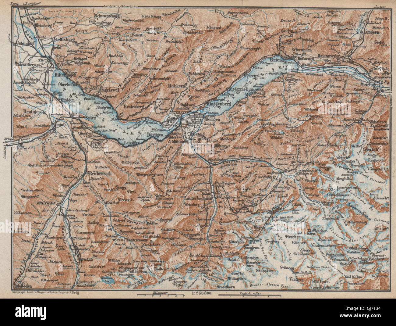 BERNESE OBERLAND. Wengen Mürren Grundelwald Reutigen Interlaken Eiger, 1938 map Stock Photo