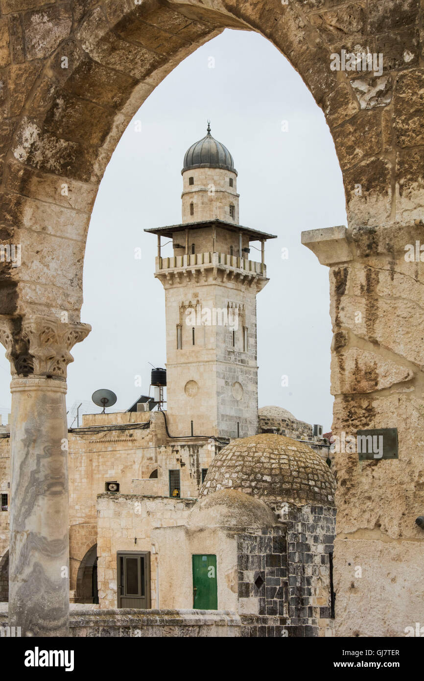 Israel, Jerusalem, Temple Mount, Omar Mosque, minaret, Dome of the Rock