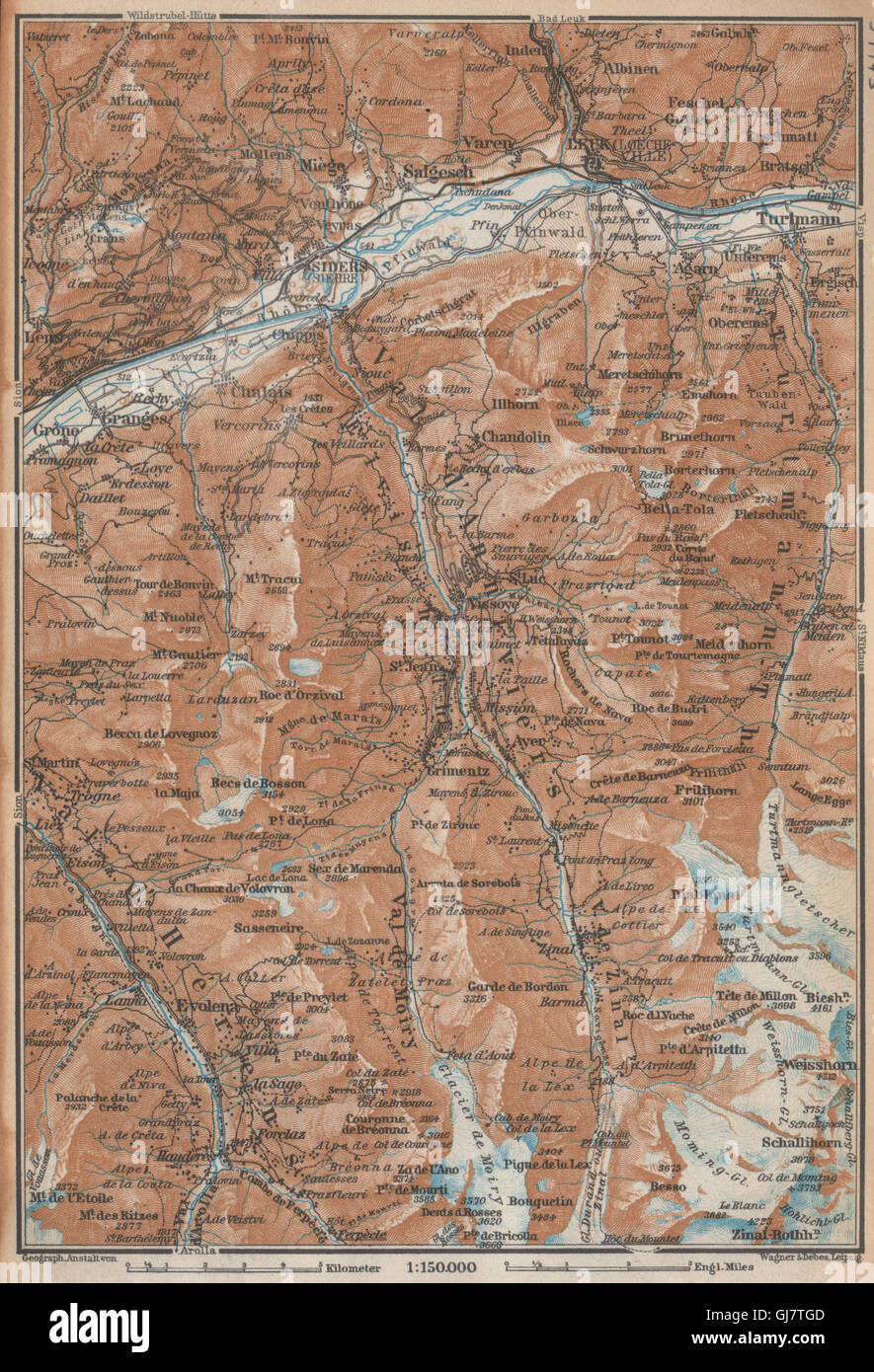 SIERRE & VAL D'ANNIVIERS. Crans-Montana Grimentz Leukle Weisshorn, 1938 map Stock Photo