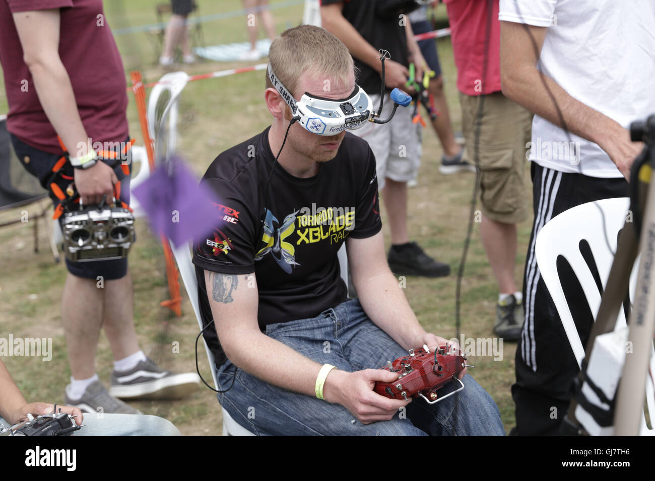 Drone Racing Queen's Cup 2016. Pilot James Bowles, also know as Jab1a at the UK drone racing competition. Stock Photo