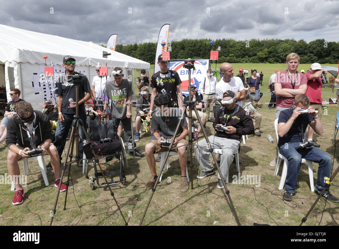 Drone Racing Queen's Cup 2016. Pilots and their spotters during a race at the UK drone racing competition, Stock Photo