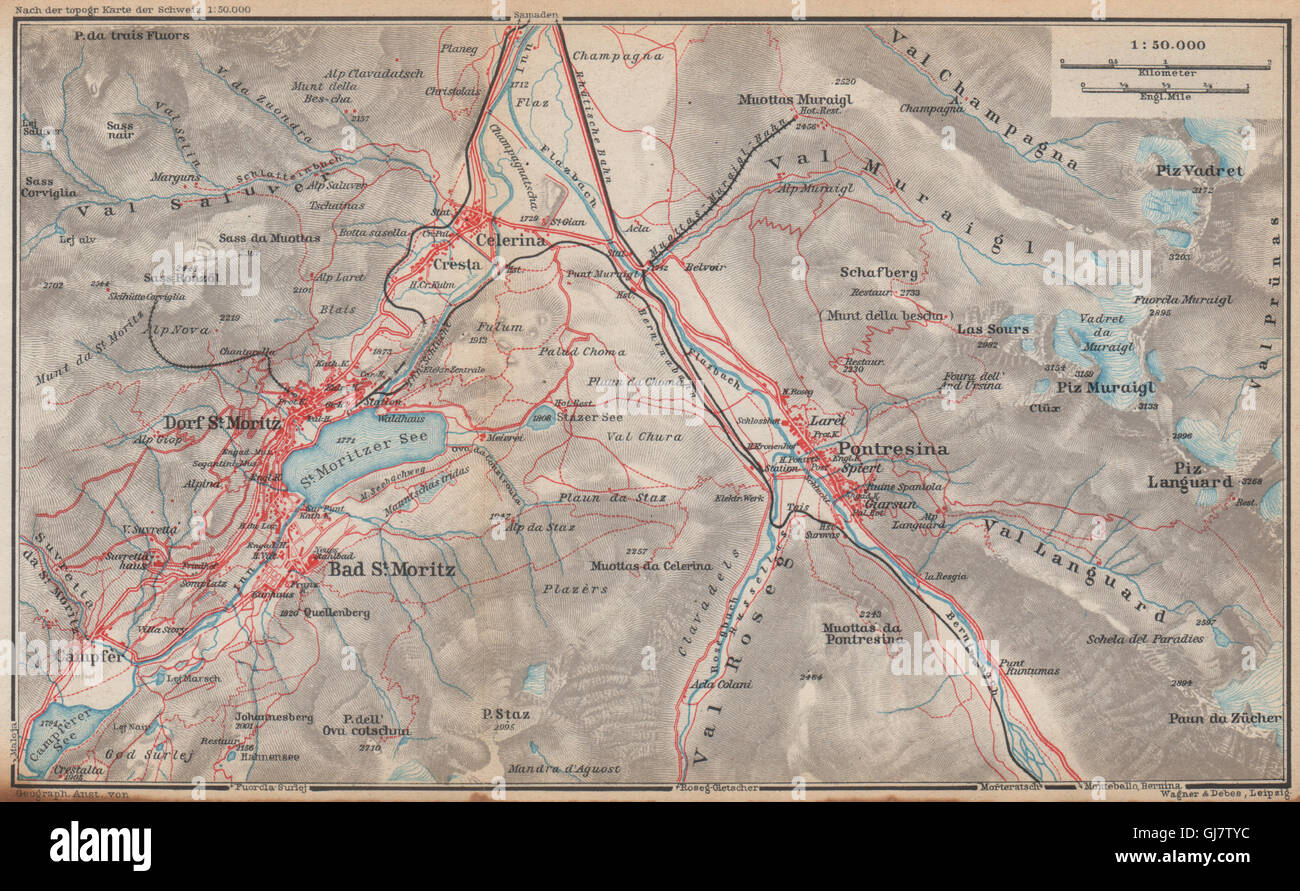 ST MORITZ & PONTRESINA. Celerina Cresta Piz Vadret/Muraigl/Languard, 1938 map Stock Photo