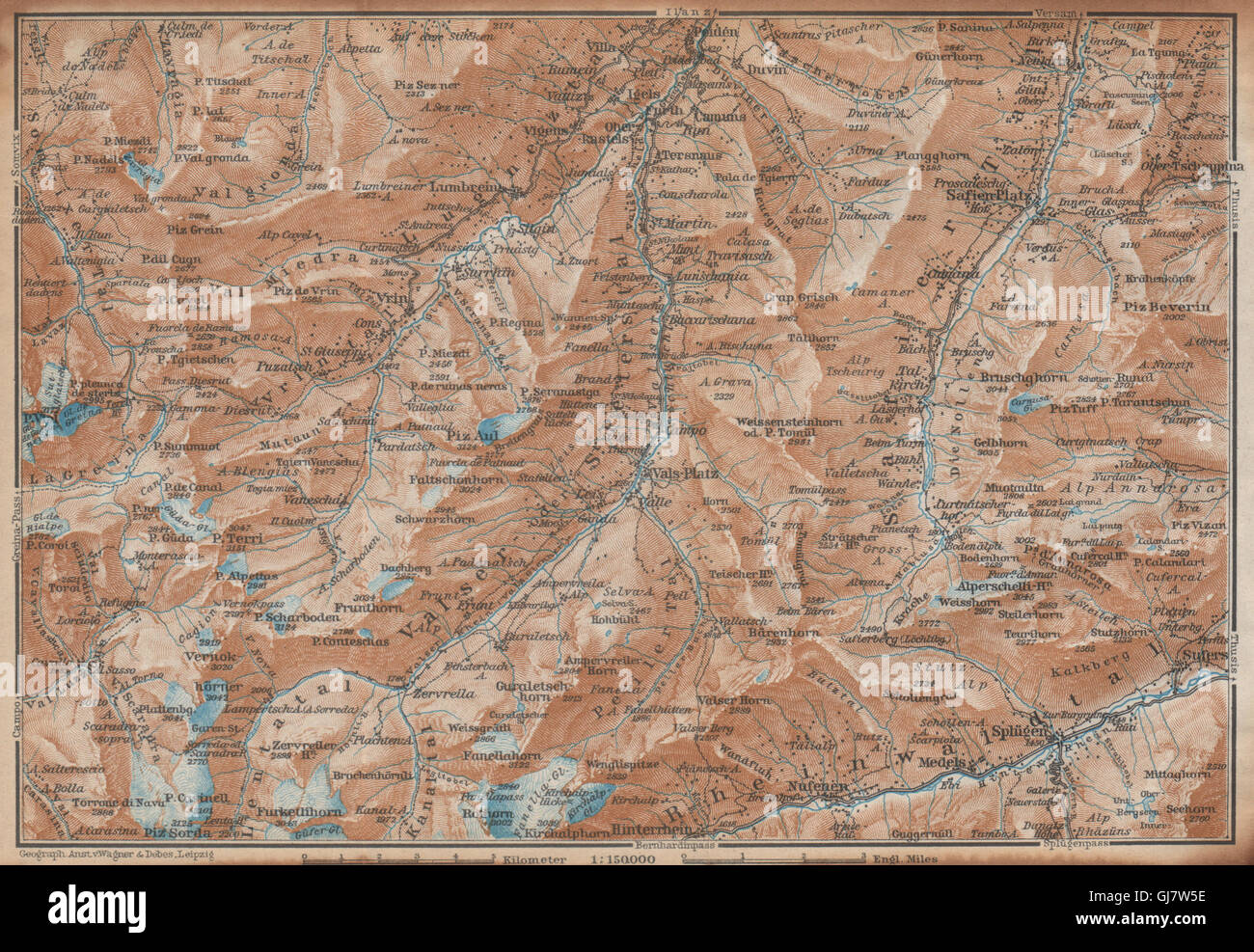 LUGNETZTAL SURSELVA. Valserrhein Furketlihorn Hinterrhein Splügen, 1938 map Stock Photo