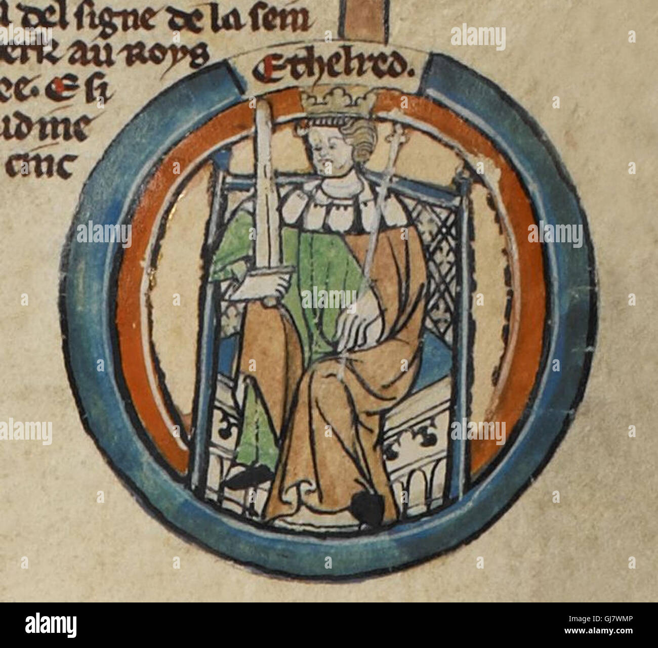 Aethelred I; c.?847 – 871 was King of Wessex from 865 to 871.  Seen here in the early-fourteenth-century Genealogical Roll of the Kings of England Public domain image. Stock Photo