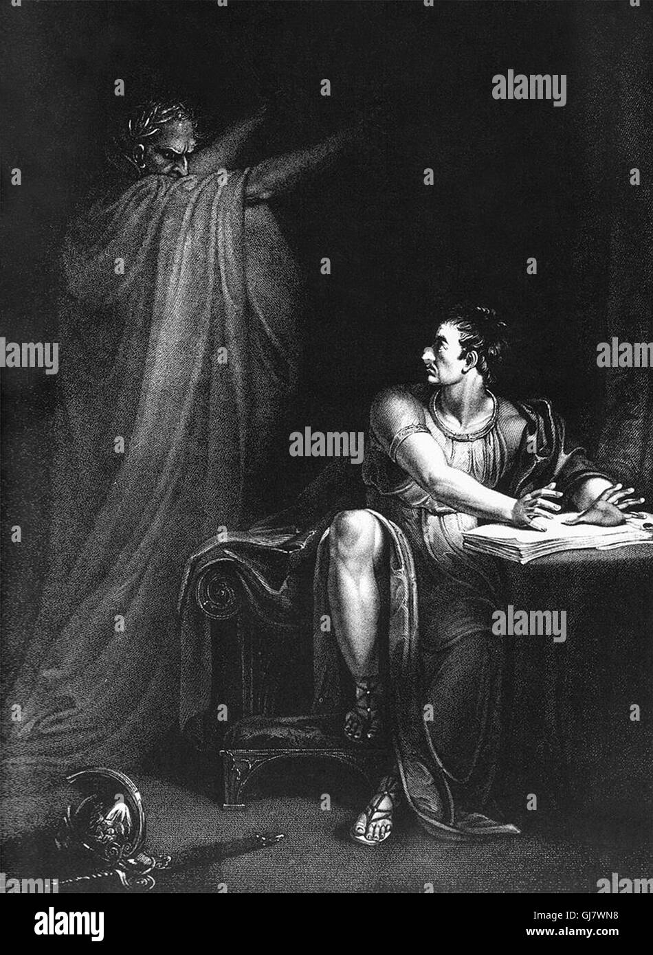 Brutus and the Ghost of Caesar (1802), copperplate engraving by Edward Scriven from a painting by Richard Westall, illustrating Act IV, Scene III, from Shakespeare's Julius Caesar.  Caesar was assassinated on the Ides of March (15 March) 44 BC. The assassination of Julius Caesar was the result of a conspiracy by many Roman senators. Led by Gaius Cassius Longinus and Marcus Junius Brutus, they stabbed Julius Caesar to death in a location adjacent to the Theatre of Pompey on the Ides of March. Stock Photo
