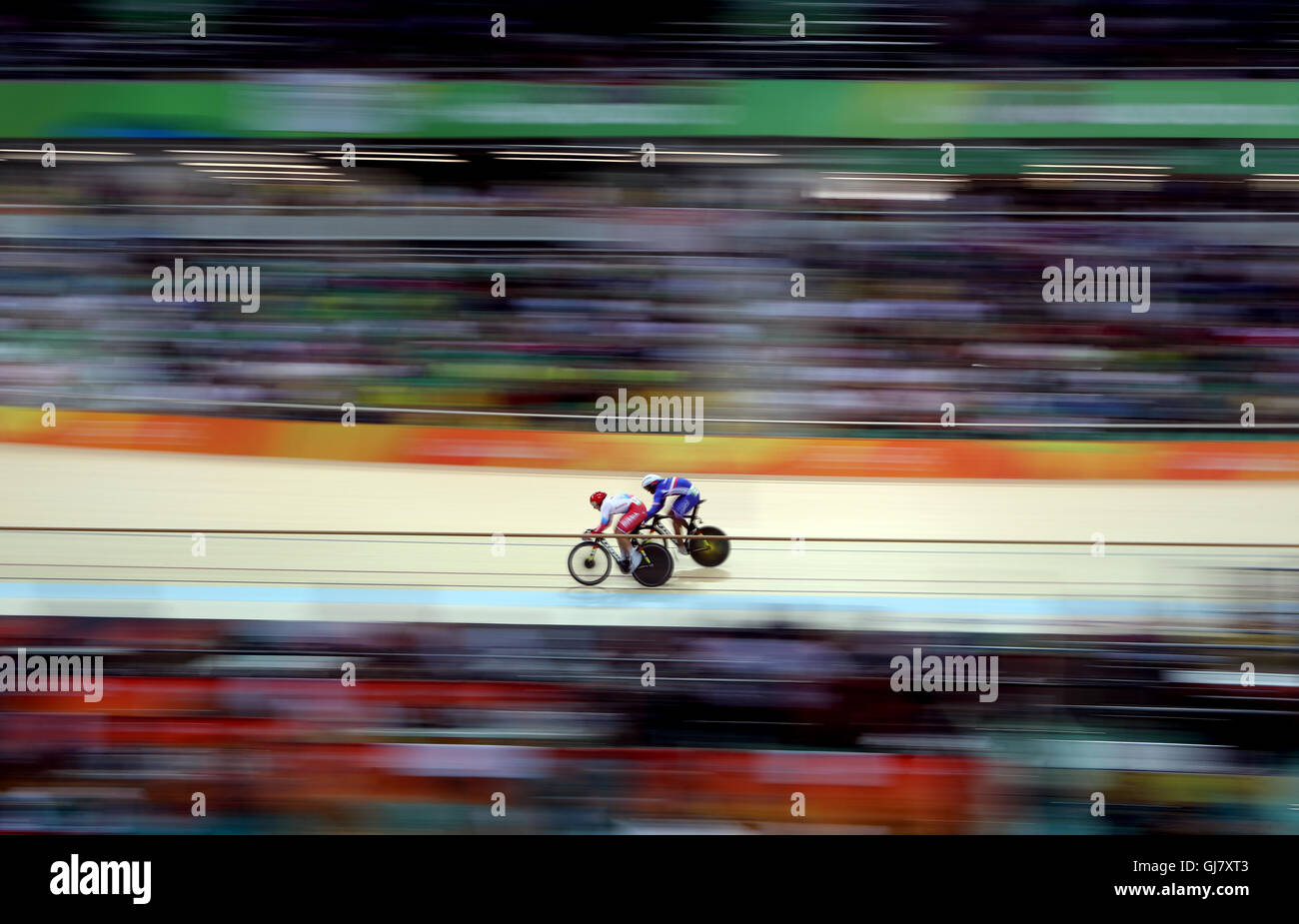France's Gregory Bauge in action against Russia's Denis Dmitriev during the Men's Sprint Quarter finals on the eighth day of the Rio Olympics Games, Brazil. Stock Photo