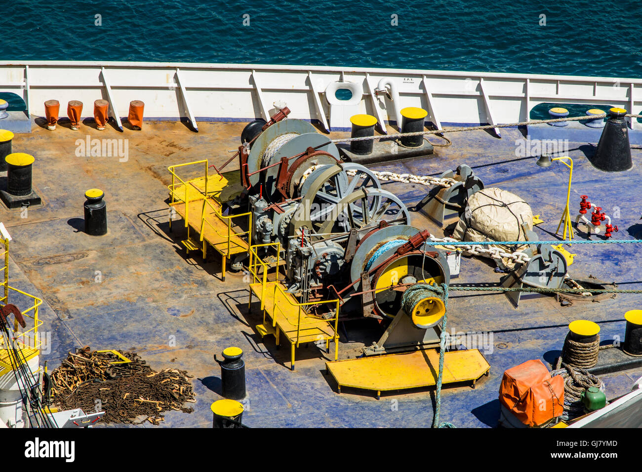 Anchor Winch on front of ship Stock Photo Alamy