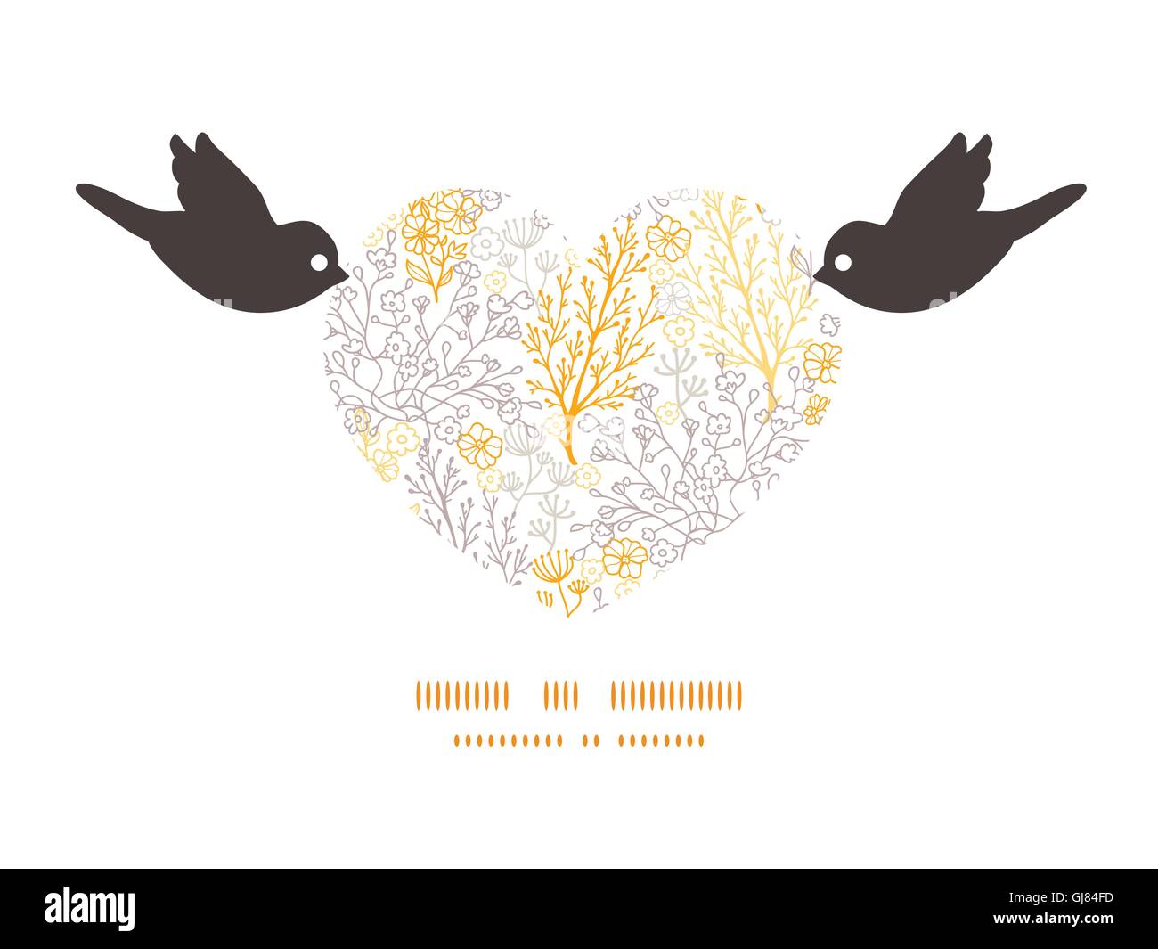 Vector magical floral birds holding heart silhouette frame pattern invitation greeting card template Stock Vector