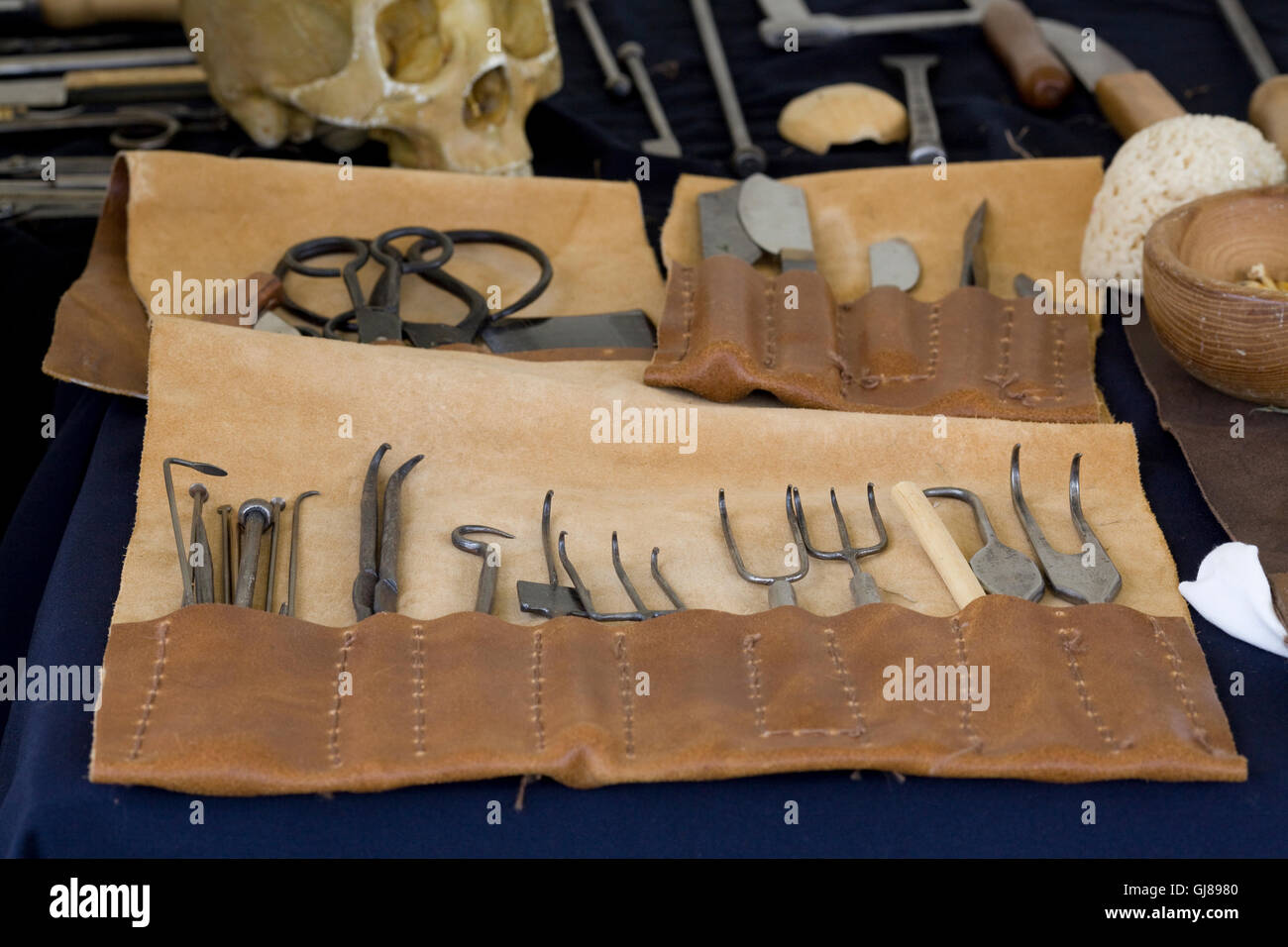Medieval doctors equipment and tool kit in a leather carrier Stock Photo