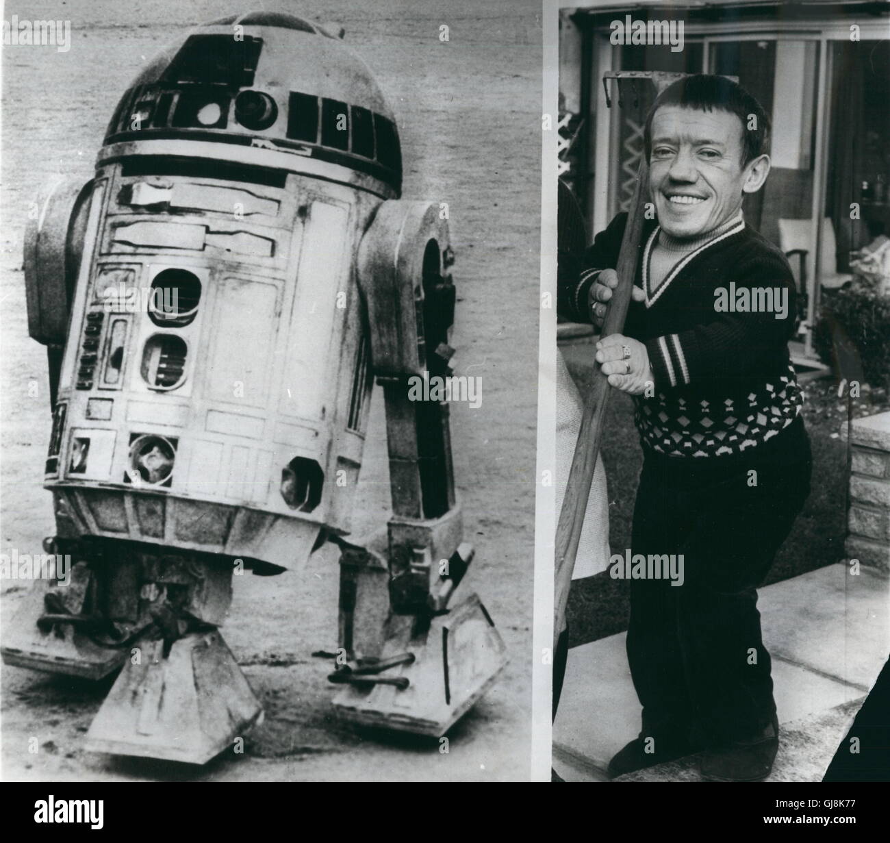 File. 13th Aug, 2016. The British actor who played R2-D2 in the Star Wars films has died at the age of 83 after a long illness. KENNY BAKER, who was 3ft 8in tall, shot to fame in 1977 when he first played the robot character. Baker also appeared in a number of other much-loved films in the 1980s, including The Elephant Man, Time Bandits and Flash Gordon. Pictured: Jan. 1, 1970 - 'Star Wars' Left Artoo Deeto the brave Hero Robot in the film 'Star Wars' and right, Kenny Baker, the man who was brave enough to stand up to the tremendous strain during the shooting of the film in all conditions i Stock Photo