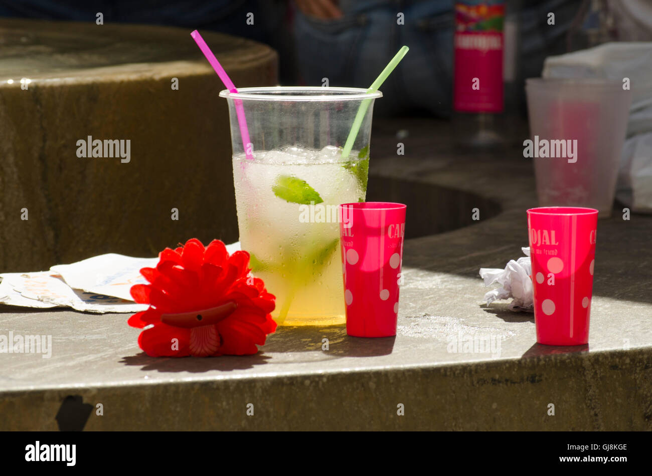 Malaga, Andalusia, Spain. 13th Aug, 2016. Mojito and sherry glasses during start of Annual Feria of Malaga, Southern Spain's biggest summer fair starts. The feria celebrations. Credit:  Perry van Munster/Alamy Live News Stock Photo