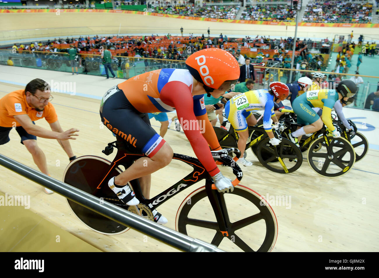 Rio de Janeiro, Brazil. 13th Aug, 2016. Laurine Van Riessen of the Netherlands in action during the Women's Keirin Second Round of the Rio 2016 Olympic Games Track Cycling events at Velodrome in Rio de Janeiro, Brazil, 13 August 2016. Photo: Felix Kaestle/dpa/Alamy Live News Stock Photo