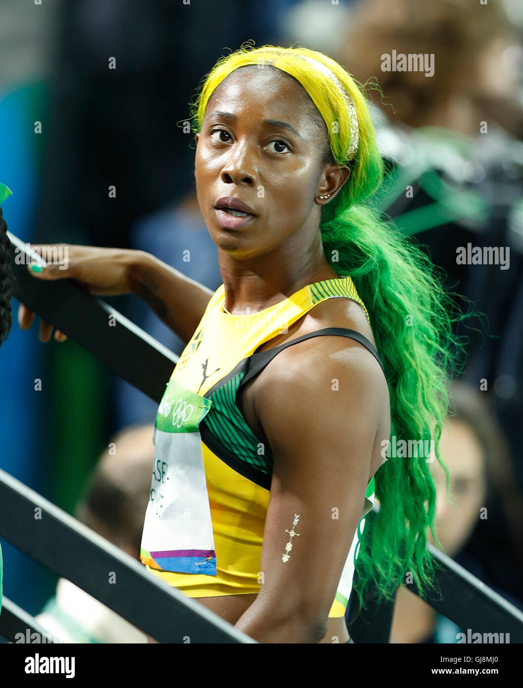 Rio de Janeiro, Brazil. 12th Aug, 2016. ATHLETICS RIO 2016 OLYMPICS - Shelly-Ann Fraser-Pryce of Jamaica during the qualification of the Women&#39;0m in Atn Athletics Rio 2016 Olympics held in the Olympic Stadium. NOT AVAILABLE FOR LICENSING IN CHINA (Photo: Rodolfo Buhrer/La Imagem/Fotoarena) Credit:  Foto Arena LTDA/Alamy Live News Stock Photo