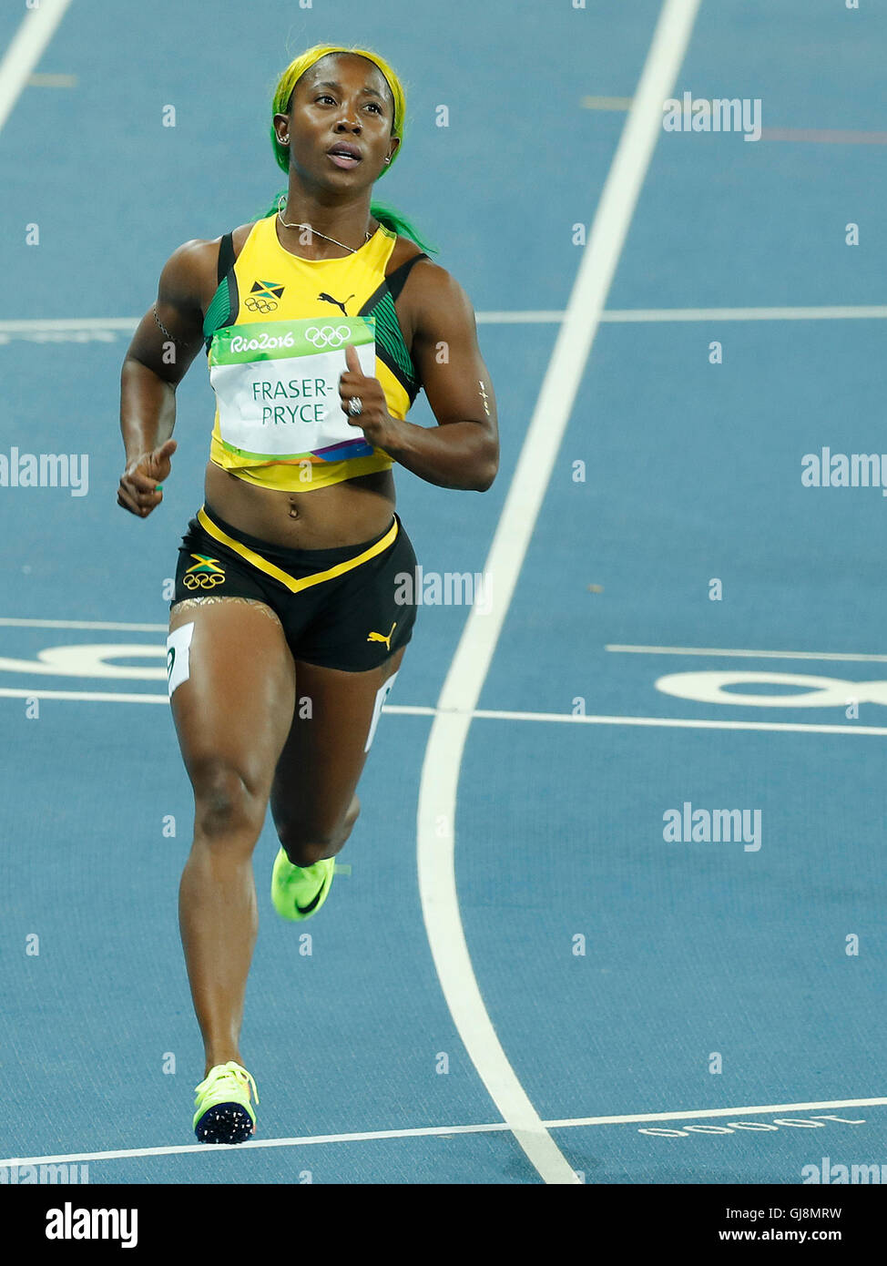 Rio de Janeiro, Brazil. 12th Aug, 2016. ATHLETICS RIO 2016 OLYMPICS - Shelly-Ann Fraser-Pryce of Jamaica during the qualification of the Women&#39;0m in Atn Athletics Rio 2016 Olympics held in the Olympic Stadium. NOT AVAILABLE FOR LICENSING IN CHINA (Photo: Rodolfo Buhrer/La Imagem/Fotoarena) Credit:  Foto Arena LTDA/Alamy Live News Stock Photo