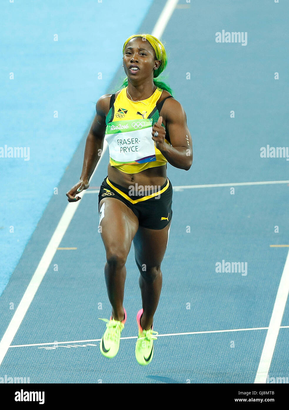 Rio de Janeiro, Brazil. 12th Aug, 2016. ATHLETICS RIO 2016 OLYMPICS - Shelly-Ann Fraser-Pryce of Jamaica during the qualification of the Women&#39;0m in Atn Athletics Rio 2016 Olympics held in the Olympic Stadium. NOT AVAILABLE LICENSING IN CHINA (Photo: to: Rodolfo Buhrer/La Imagem/Fotoarena) Credit:  Foto Arena LTDA/Alamy Live News Stock Photo
