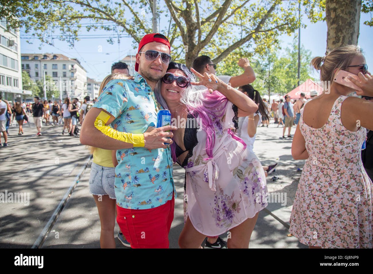 Zurich, Switzerland. 13th August 2016. Street moments and portraits of people enjoying the Street Parade Electronic Music Festival. Ludovica Bastianini / Alamy Live News Stock Photo