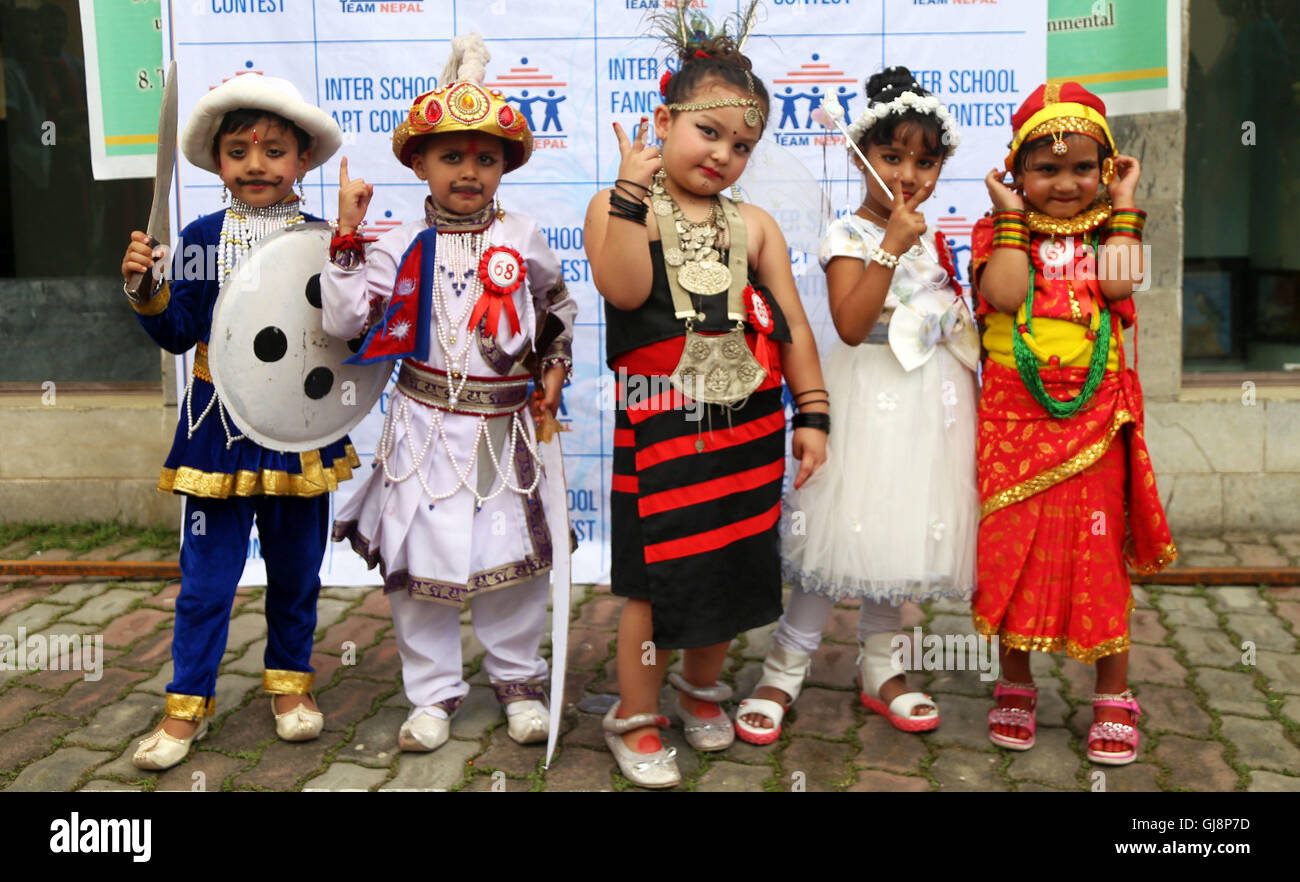 Kathmandu, Nepal. 13th Aug, 2016. Kids dressed up as professionals pose before performance during the Inter School Fancy Dress Contest in Kathmandu, Nepal, Aug. 13, 2016. More than 70 kids of various schools and kindergartens participated in the contest. Credit: Sunil Sharma/Xinhua/Alamy Live News Stock Photo