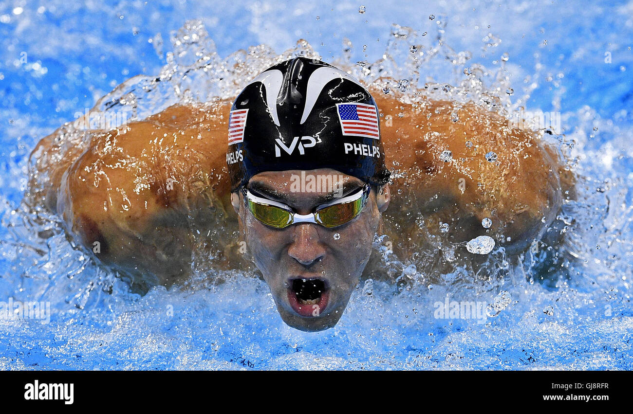 Beijing, Brazil. 11th Aug, 2016. Michael Phelps from the United States competes in the men's 100m butterfly swimming semifinal at the 2016 Rio Olympic Games in Rio de Janeiro, Brazil, on Aug. 11, 2016. © Wang Peng/Xinhua/Alamy Live News Stock Photo