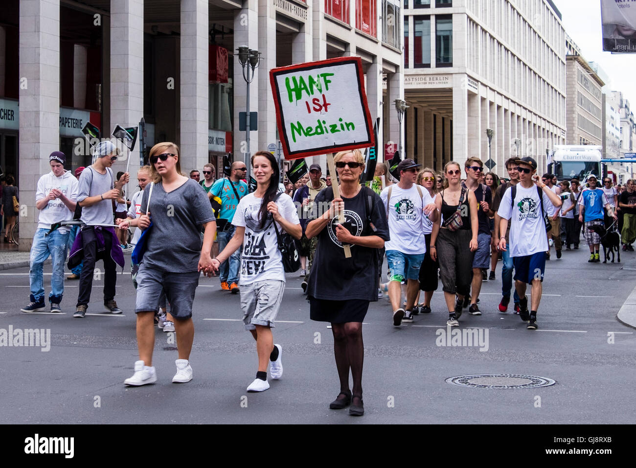 Berlin, Germany, 13th August 2016. The Hanfparade (Hemp parade) takes place annually in August. Demonstrators gathered at the Main Railway station, marched to the Ministry of Health and then to Alexanderplatz where the rally terminated. Protestors carried banners and floats supported the legalisation of Cannabis for medical and recreational use. Speakers explained the many uses of hemp in the manufacturing industry and appealed for access to free medical cannabis for those who need it. Credit:  Eden Breitz/Alamy Live News Stock Photo