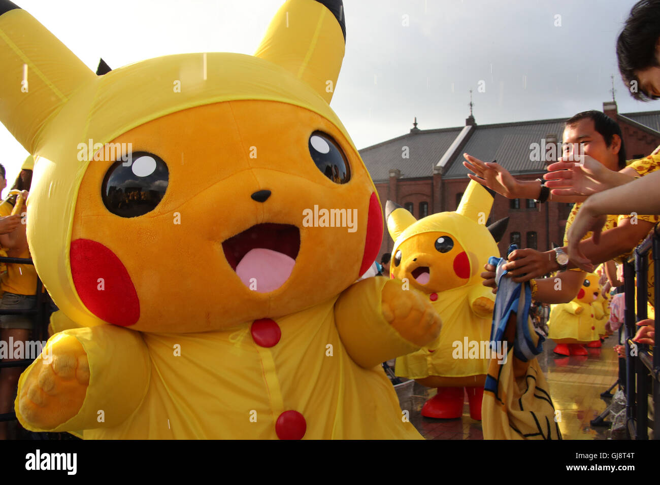 Yokohama, Japan. 12th Aug, 2016. Pikachu characters, Nintendo's videogame software Pokemon's wellknown character, in raincoat perform dancing at a show Yokohama, Japan. 12th Aug, 2016. Pikachu characters, Nintendo's videogame software Pokemon's wellknown character, in raincoat perform dancing at a show