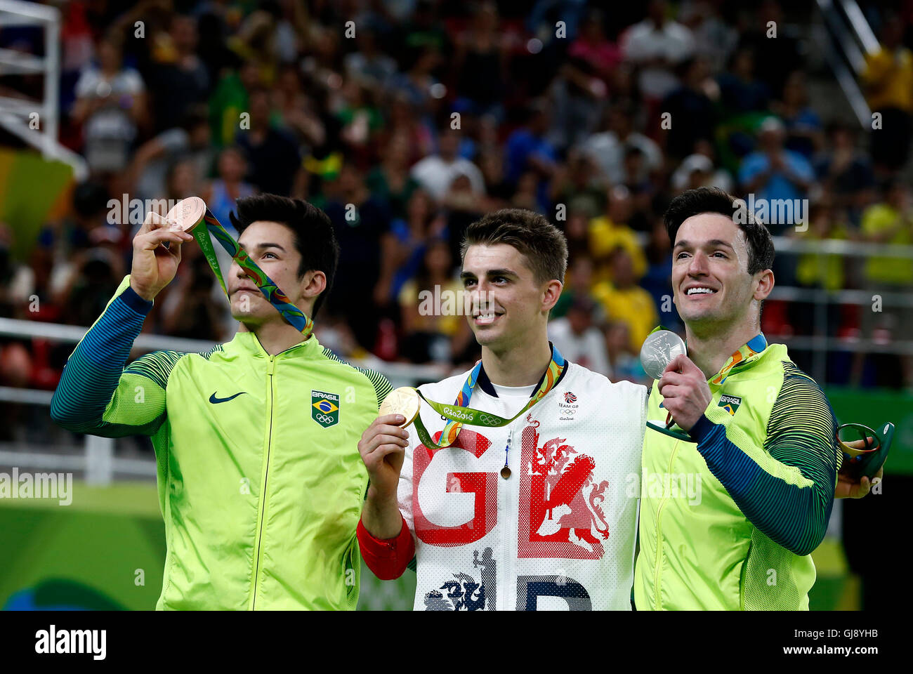 Rio de Janeiro, Brazil. 14th August, 2016. OLYMPICS 2016 ARTISTIC GYMNASTICS - Max Whitlock Britain, gold medal, Diego Hypolito, silver medal and Arthur NORY MARIANO bronze medal after the final ground of Artistic Gymnastics Rio Olympics 2016 held in Rio Olympic Arena.  Credit:  Foto Arena LTDA/Alamy Live News Stock Photo