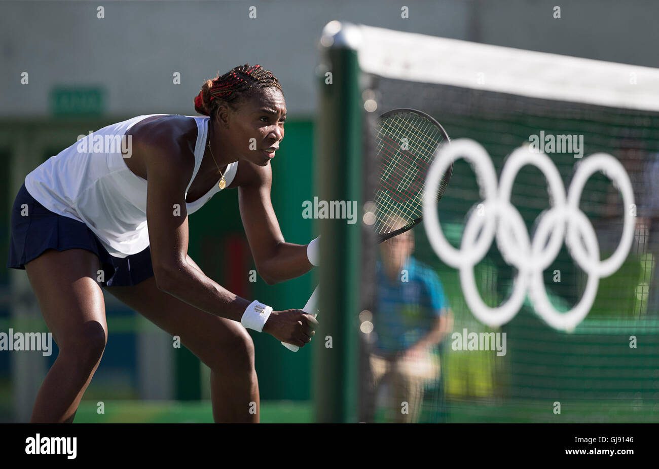 Rio de Janeiro, RJ, Brazil. 14th Aug, 2016. OLYMPICS TENNIS: Venus Williams (USA) waits for serve from Bethanie Mattek-Sands (USA) Women's Mixed Doubles Tennis final at Olympic Tennis Center during the 2016 Rio Summer Olympics games. Credit:  Paul Kitagaki Jr./ZUMA Wire/Alamy Live News Stock Photo