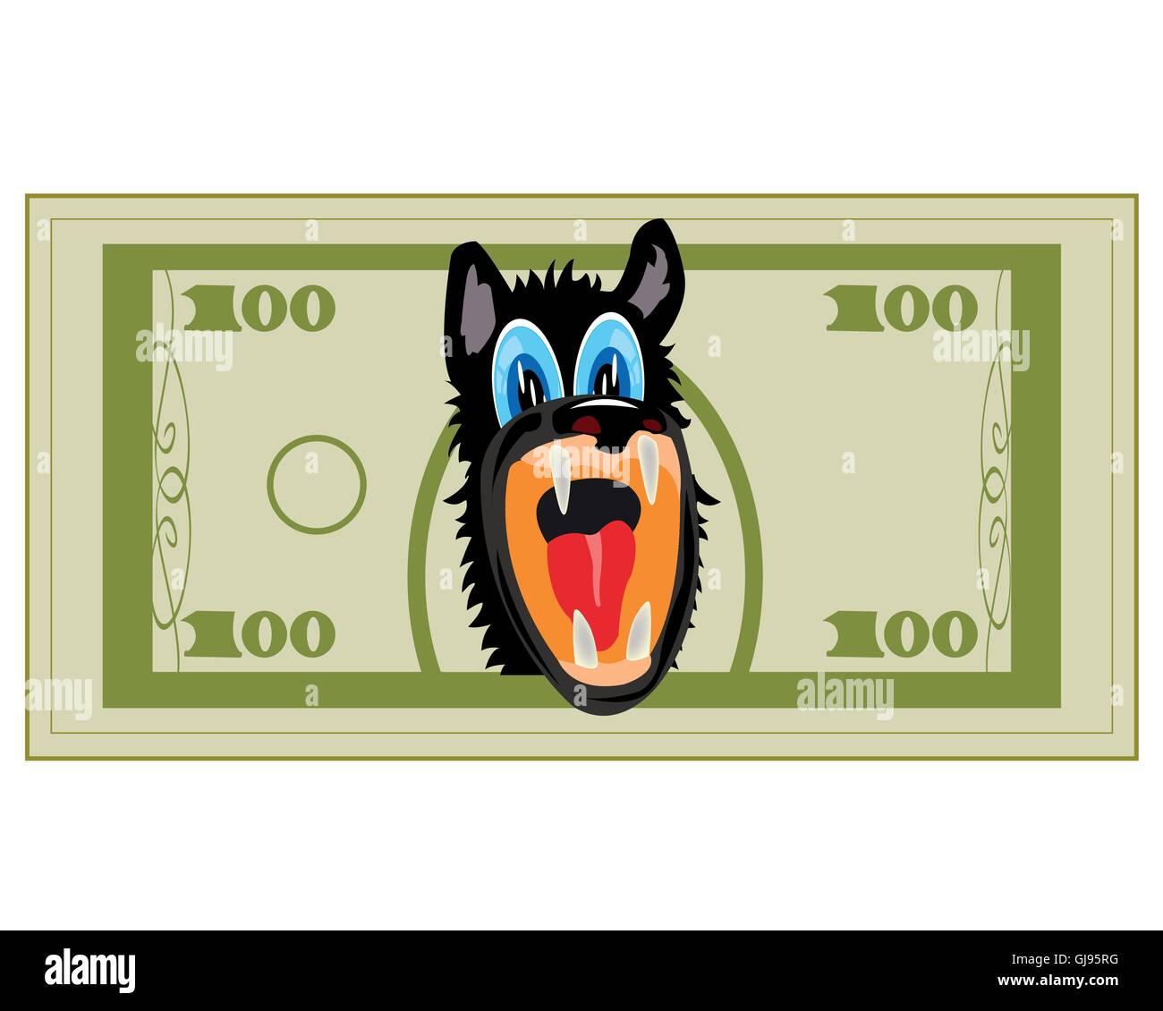 Cartoon on money bill with head of the wolf Stock Vector