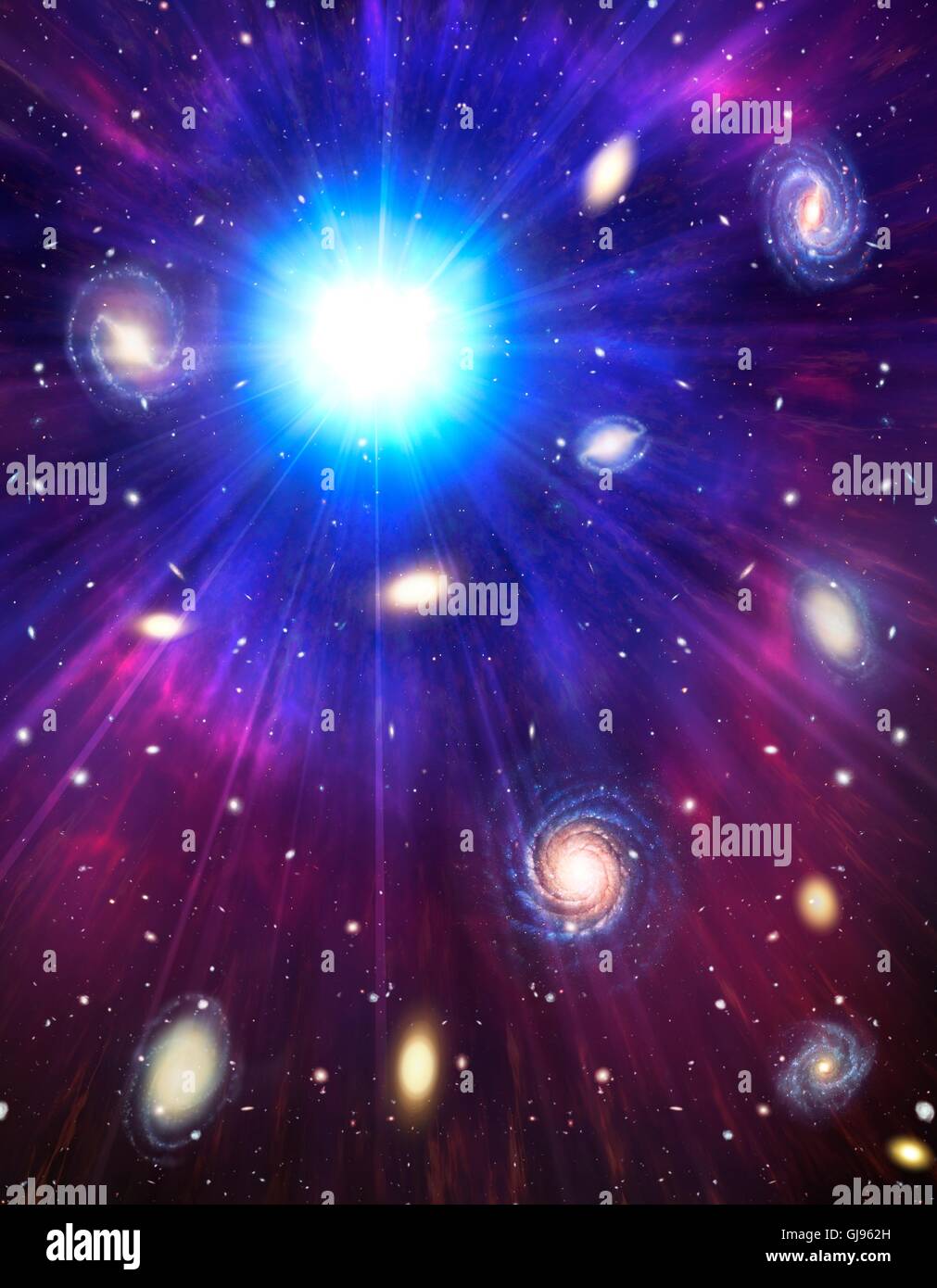 Big Bang, conceptual image. Computer illustration representing the origin of the universe. The term Big Bang describes the initial expansion of all the matter in the universe from an infinitely compact state 13.7 billion years ago. The initial conditions are not known, but less than a second after the beginning, temperatures were trillions of degrees Celsius and the primordial universe was much smaller than an atom. It has been expanding and cooling ever since. Matter formed and coalesced into the galaxies, which are observed to be moving away from each other. Background radiation in the Stock Photo