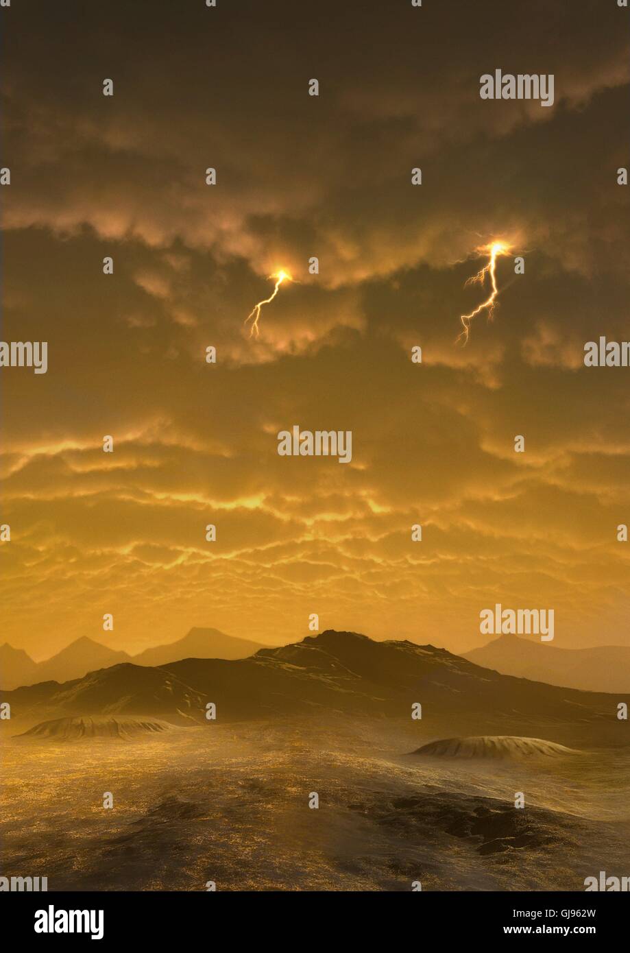 Surface of Venus. Computer illustration of a view across the rocky surface of the planet Venus, showing clouds of sulphuric acid obscuring the Sun. Venus lies around 108 million kilometres from the Sun, around two-thirds of the Earth-Sun distance, and is slightly smaller than Earth. It has the hottest planetary surface in the solar system, with temperatures of nearly 500 degrees Celsius since its dense carbon dioxide atmosphere traps the Sun's heat. The surface atmospheric pressure is around 90 times that on Earth. Stock Photo