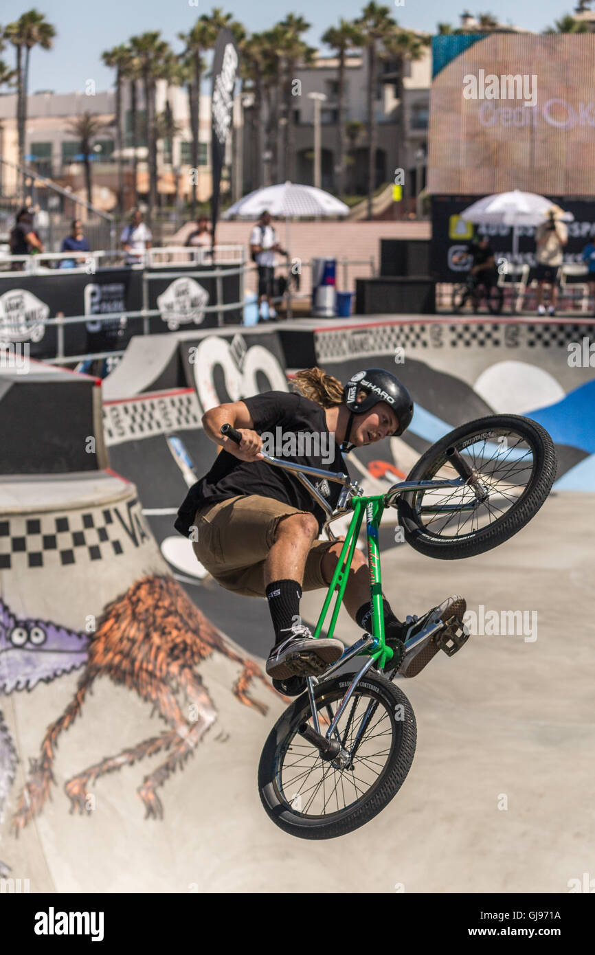 Bicycle stunts at the skatepark at Huntington Beach, California, During the VANS US open competition.July 27 2016 Stock Photo
