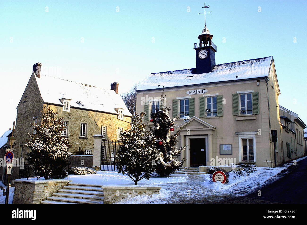The mayor of the city of Thoiry under snow in Paris in the French department of Yvelines Stock Photo