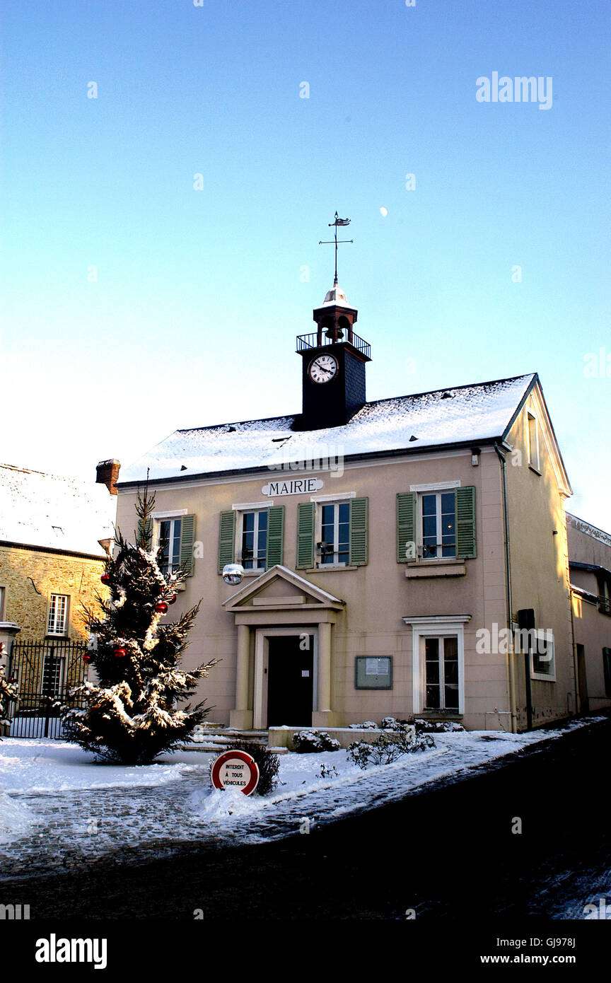 The mayor of the city of Thoiry under snow in Paris in the French department of Yvelines Stock Photo