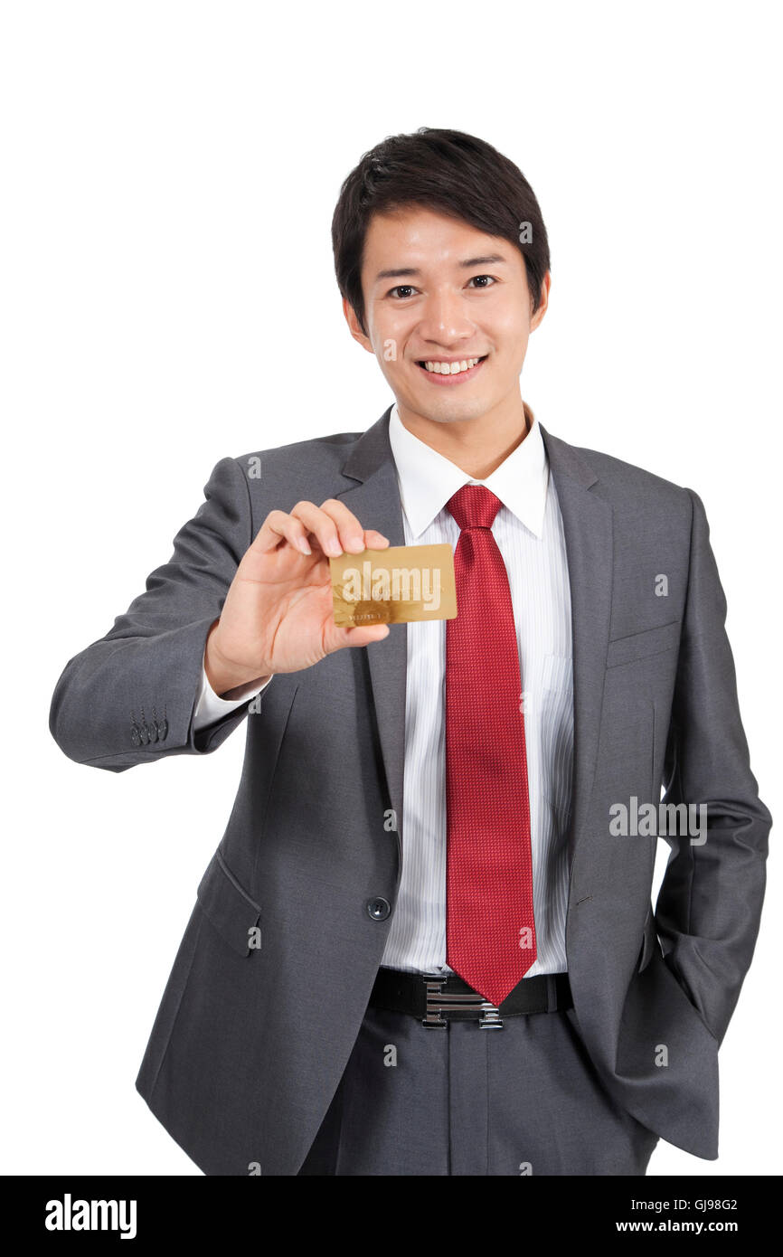 Studio shot Young man show business attire bank cards Stock Photo - Alamy