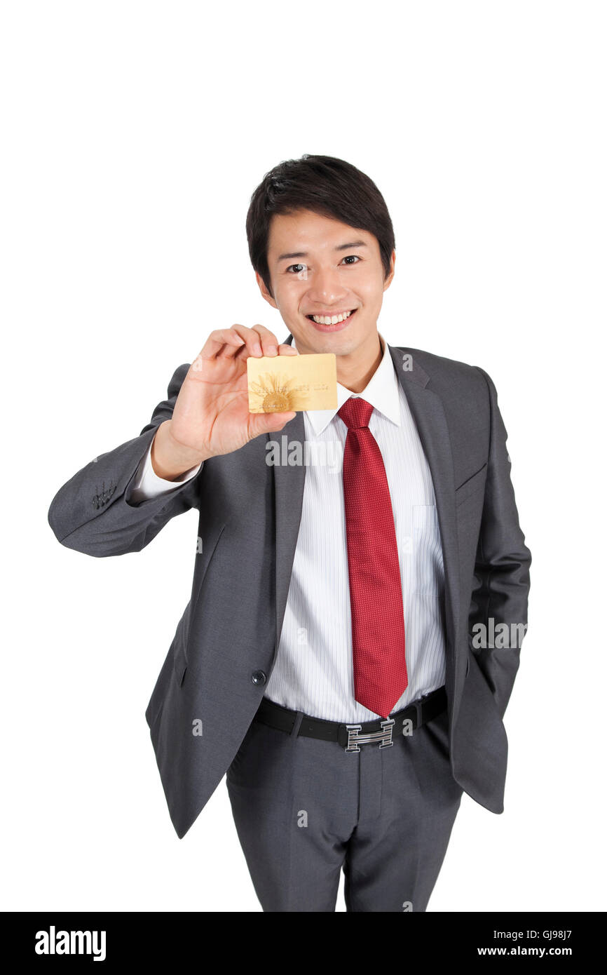 Studio shot Young man show business attire bank cards Stock Photo - Alamy