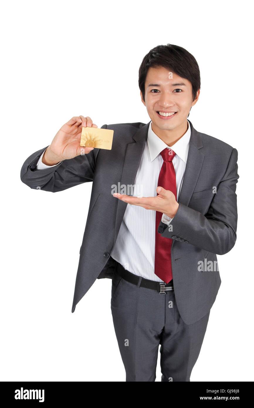 Studio shot Young man show business attire bank cards Stock Photo - Alamy