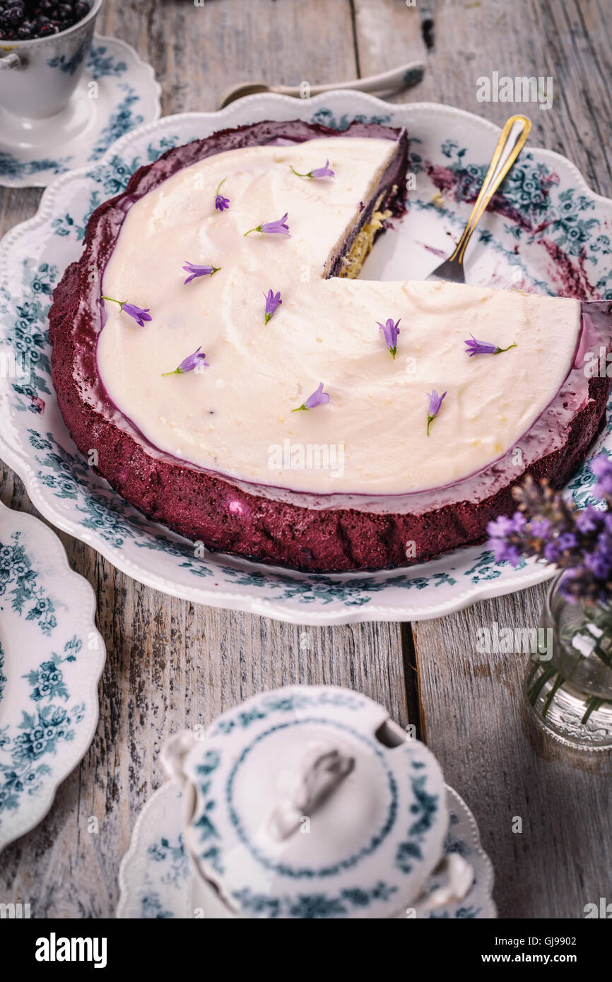 Blueberry cake with whipped cream and mascarpone Stock Photo - Alamy