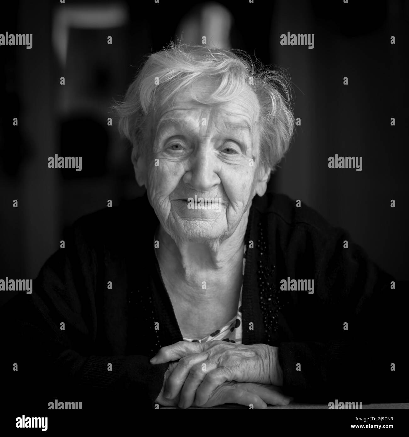 Black and white portrait of an elderly woman. Stock Photo