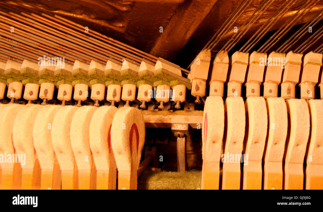 Inside an Upright Piano Felt Hammers used to strike Steel Strings