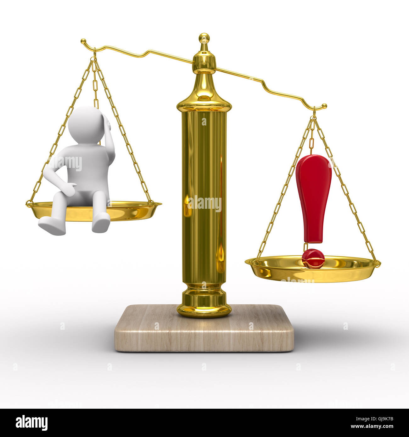 man and exclamation point on scales. Isolated 3D image Stock Photo
