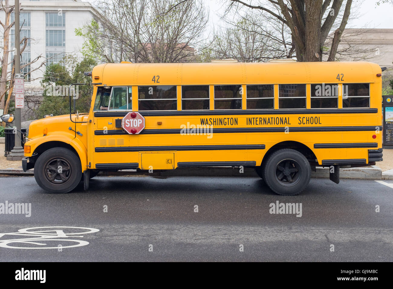 Washington DC USA typical school bus. Stock Photo