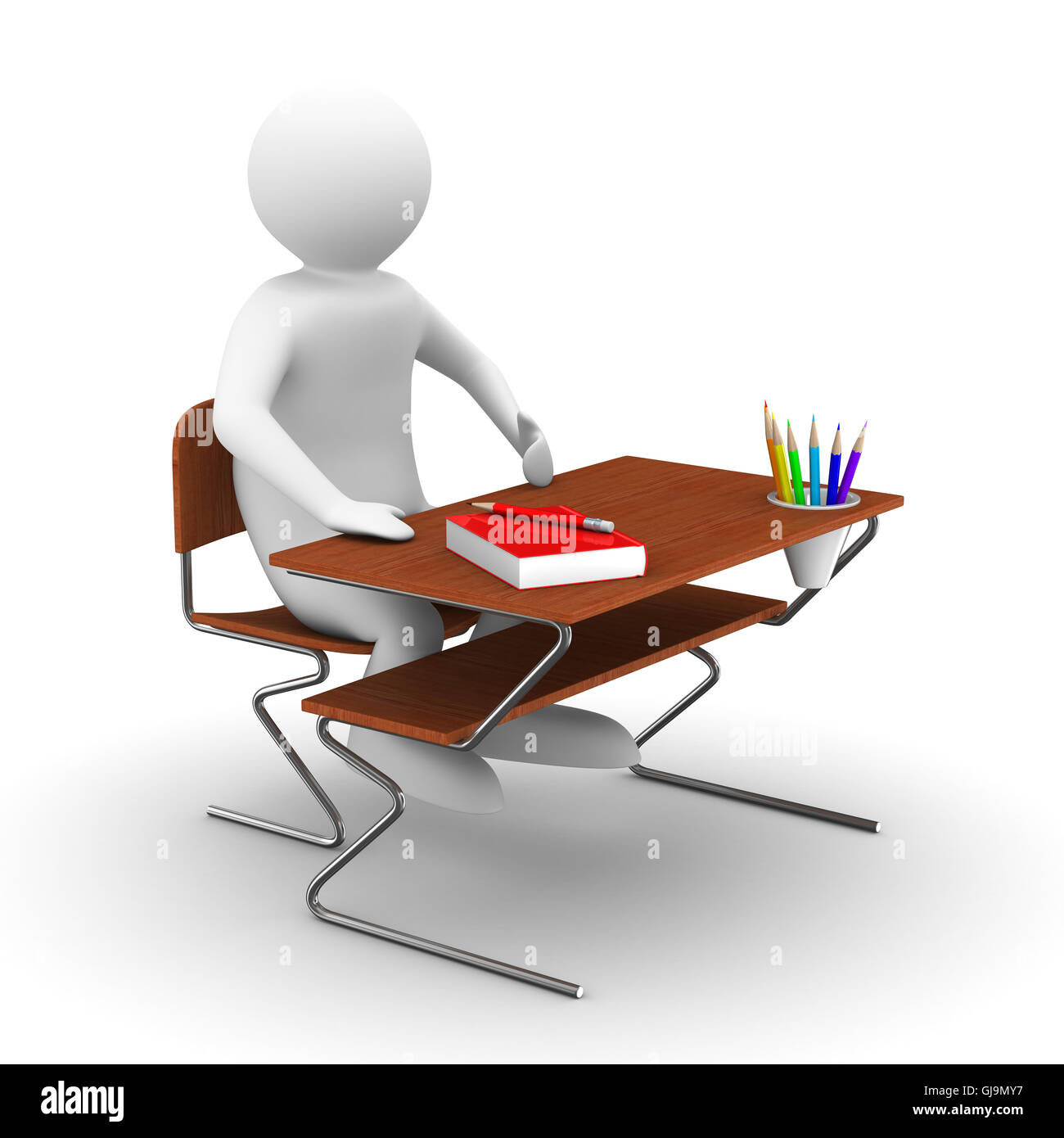 pupil sits at school desk. Isolated 3D image Stock Photo