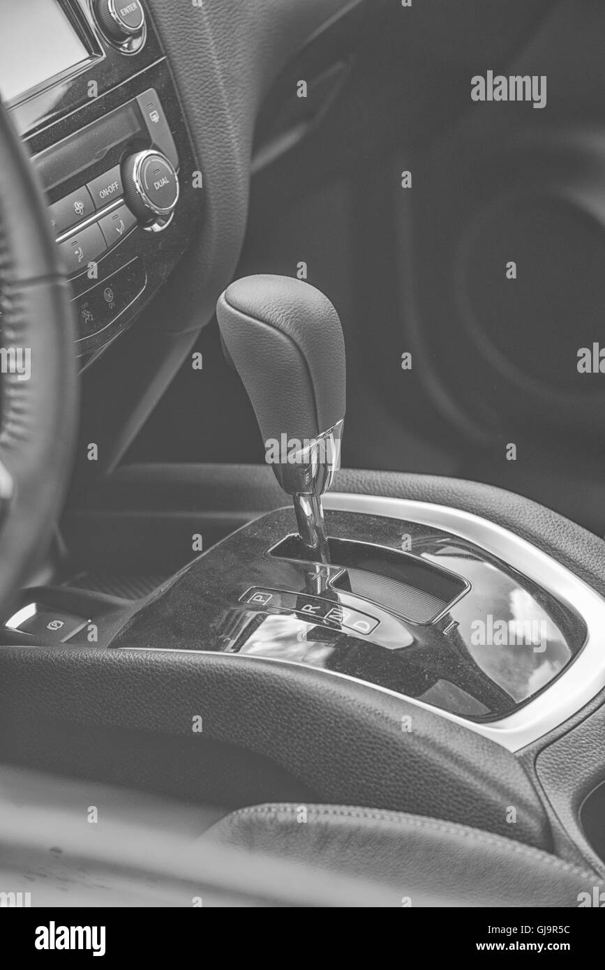 close up on Automatic gearbox shifter, black and white Stock Photo Alamy