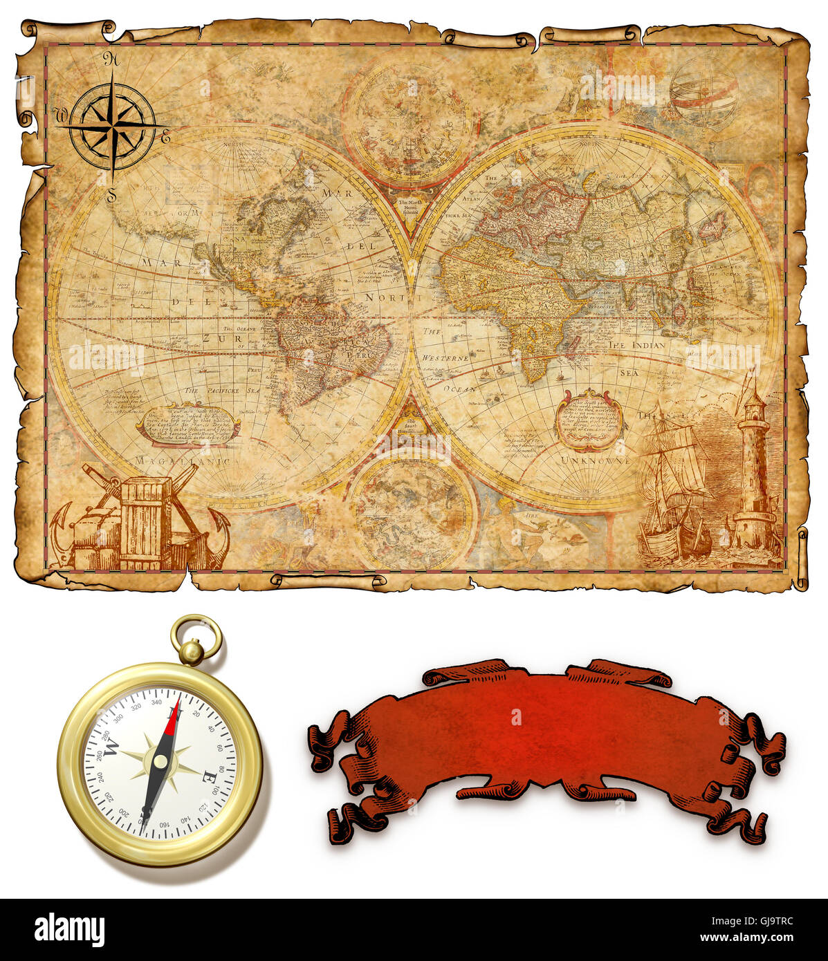 An ancient map with compass Stock Photo