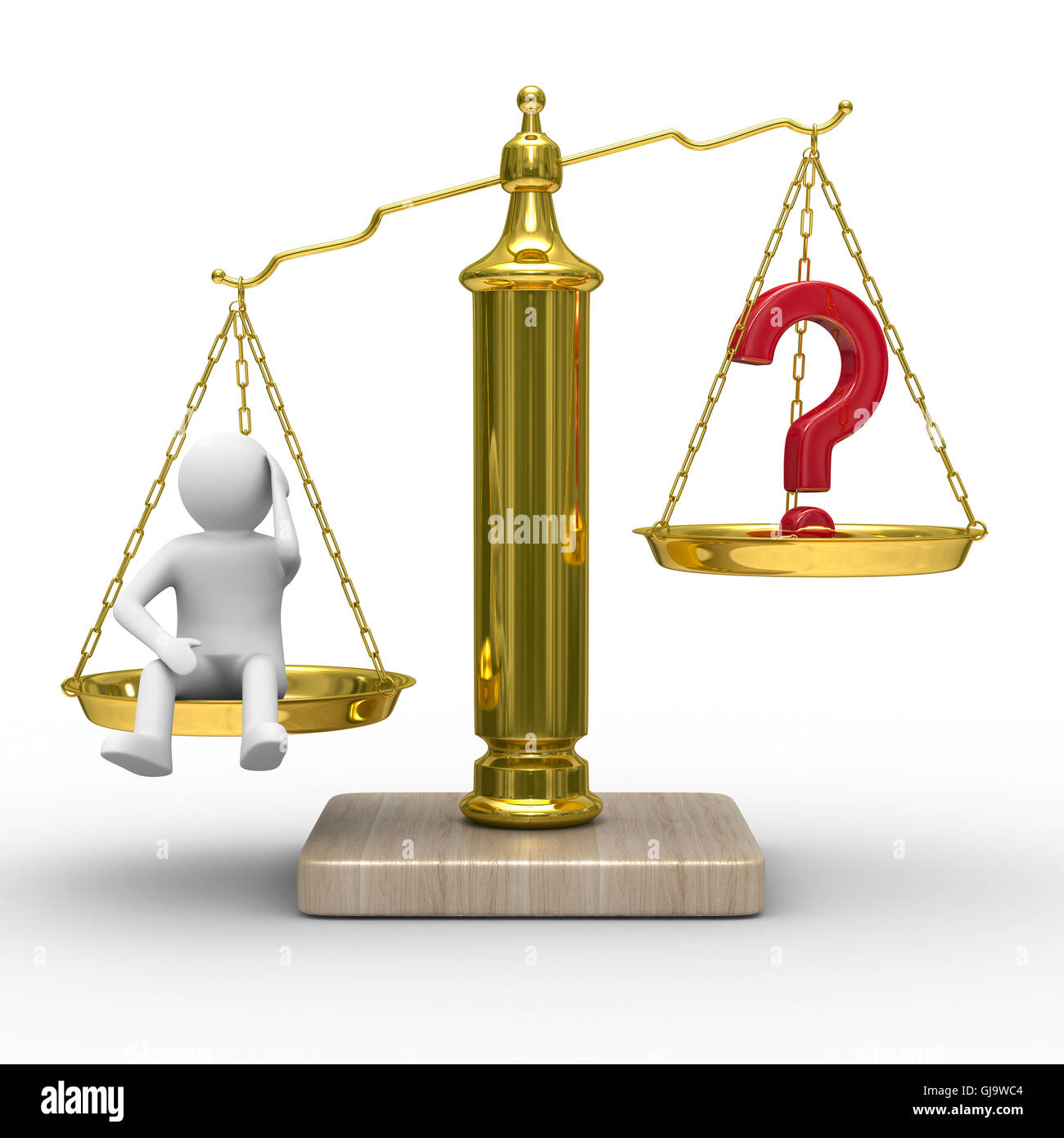 man and question on scales. Isolated 3D image Stock Photo