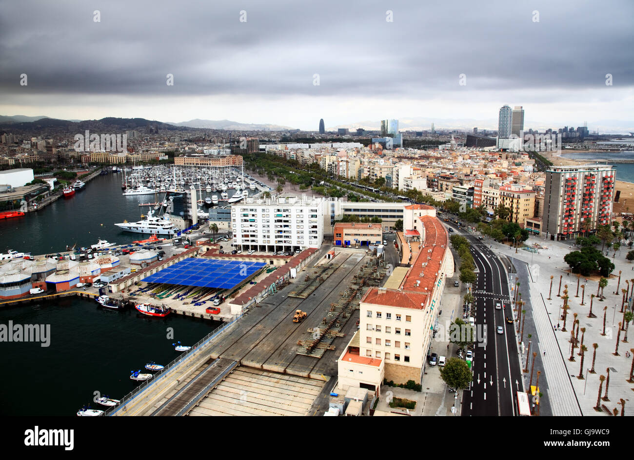 an aerial view of Barcelona City and harbor Stock Photo - Alamy